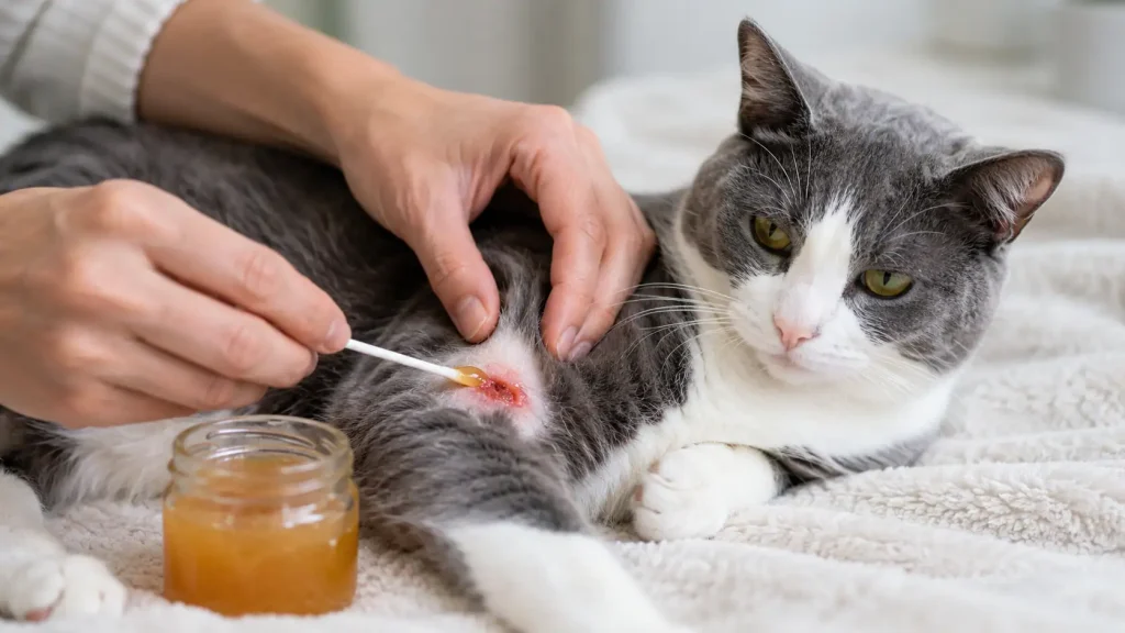 Frau schmiert Manukahonig als Hausmittel für die offene Wunde einer Katze