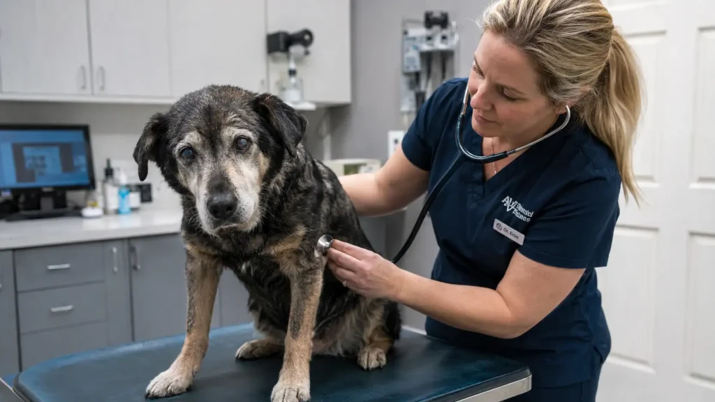 Hund mit Demenz im Endstadium wird von Tierärztin untersucht