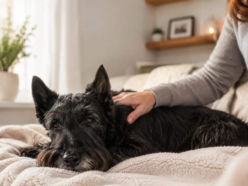 Hund mit Epilepsie wird gestreichelt vor dem Einschläfern