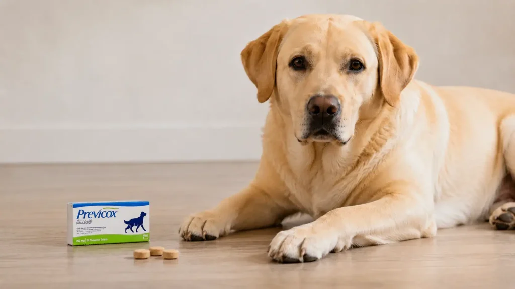 Hund sitzt neben Previcox Medikament