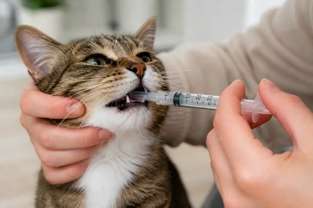 Katze bekommt Emeprid als orale Spritze