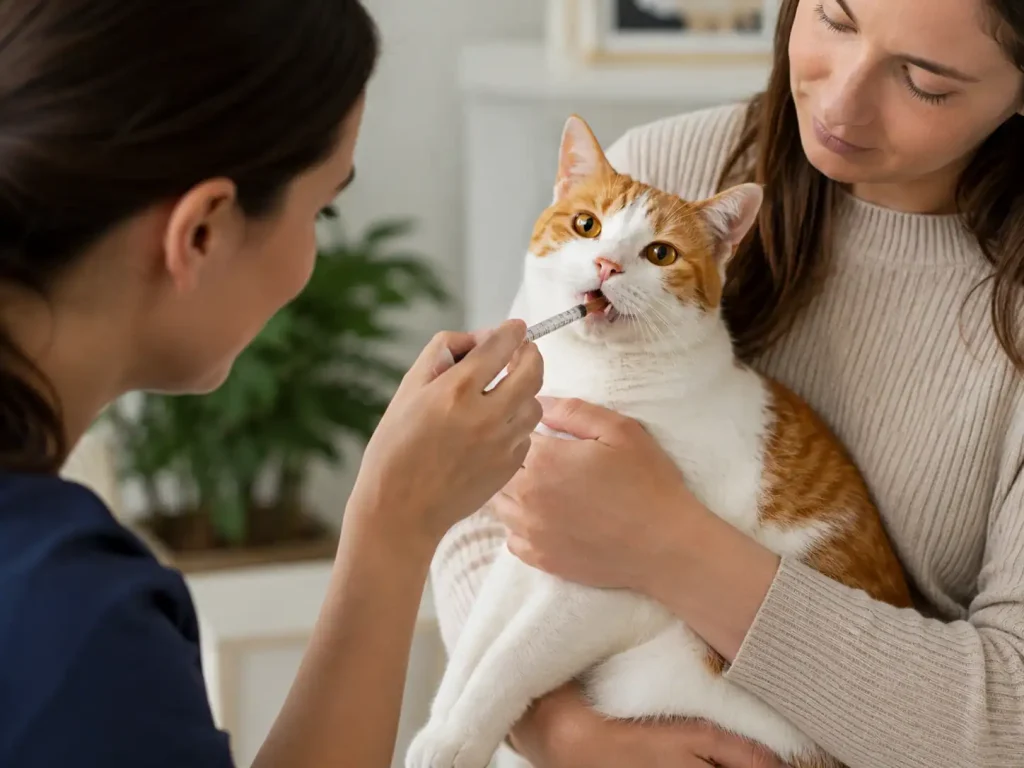 Katze bekommt Gabapentin Liquid Dosierung verabreicht