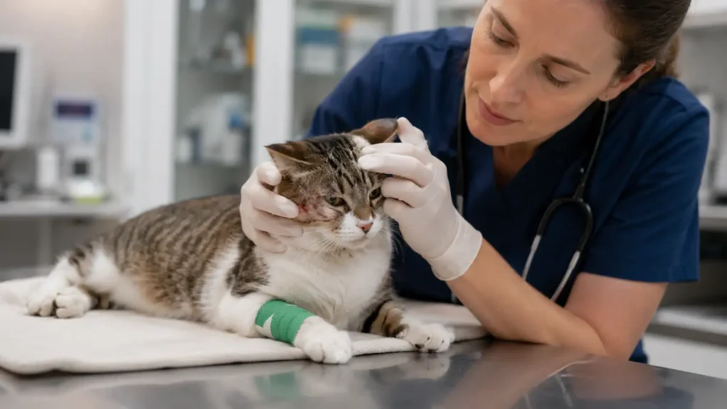 Katze mit offener Wunde beim Tierarzt