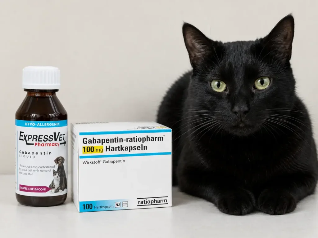 Katze sitzt neben Gabapentin Kapseln und Gabapentin Liquid Flasche