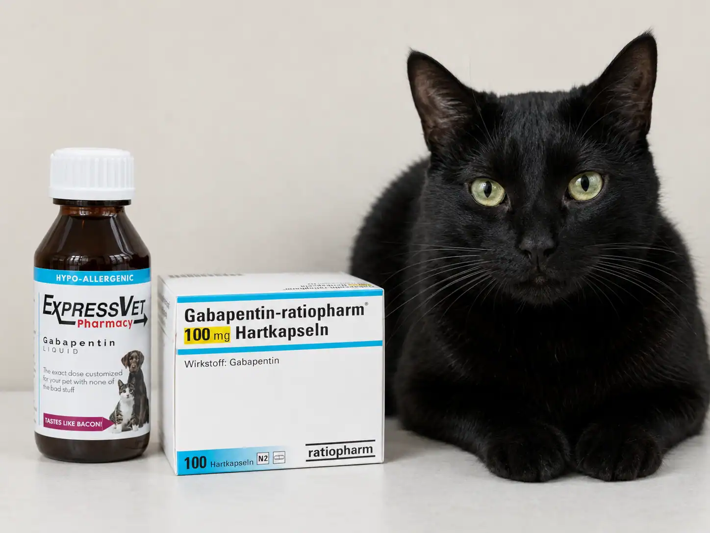 Katze sitzt neben Gabapentin Kapseln und Gabapentin Liquid Flasche