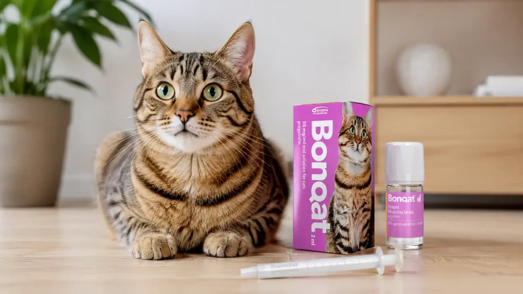 Katze sitzt neben einer Packung Bonqat (Pregabalin)