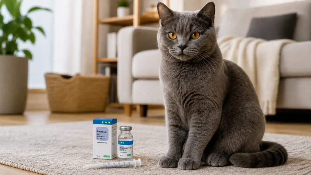 Katze sitzt neben einer Packung Bupresol (Buprenorphin)