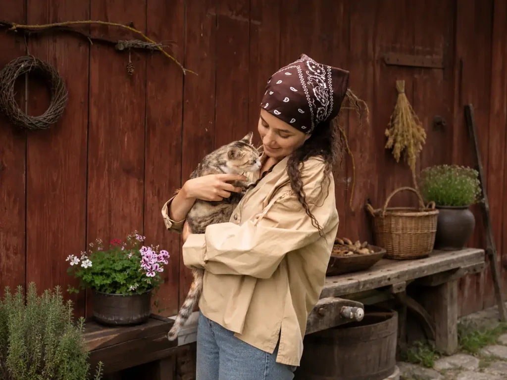 Frau hält Katze mit Kinnakne im Arm