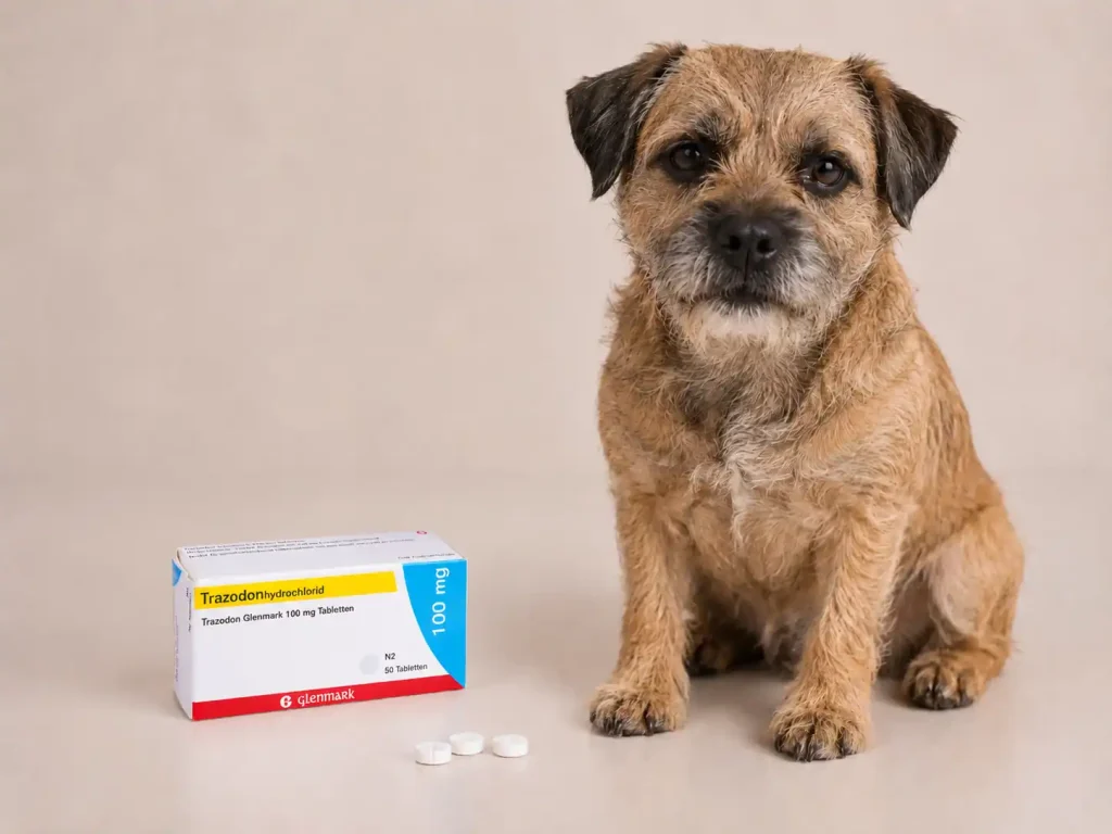 Kleiner Hund neben Trazodon Packung