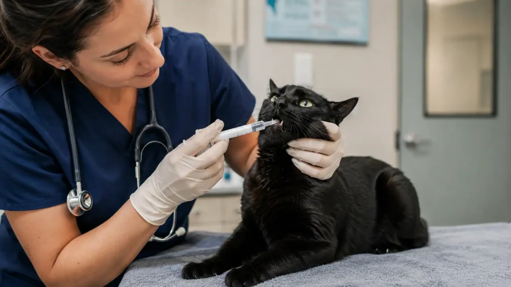 Schwarze Katze bekommt Bupresol oral