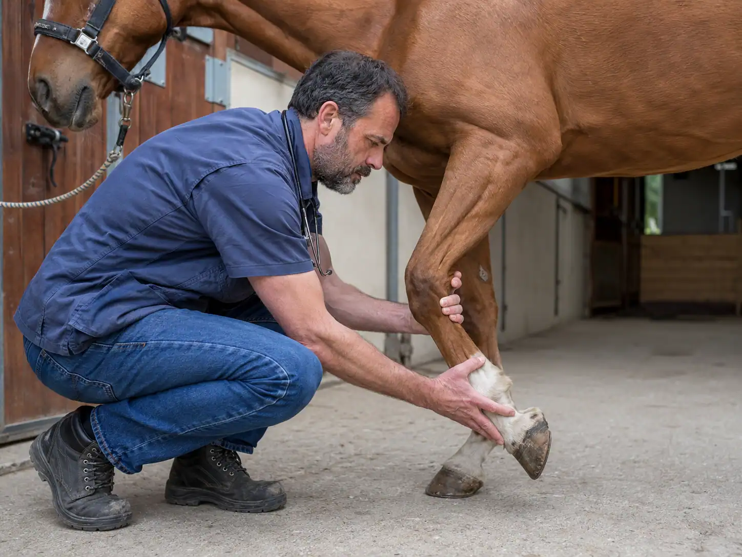 Tierarzt untersucht Pferd mit Stützbeinlahmheit und Hangbeinlahmheit
