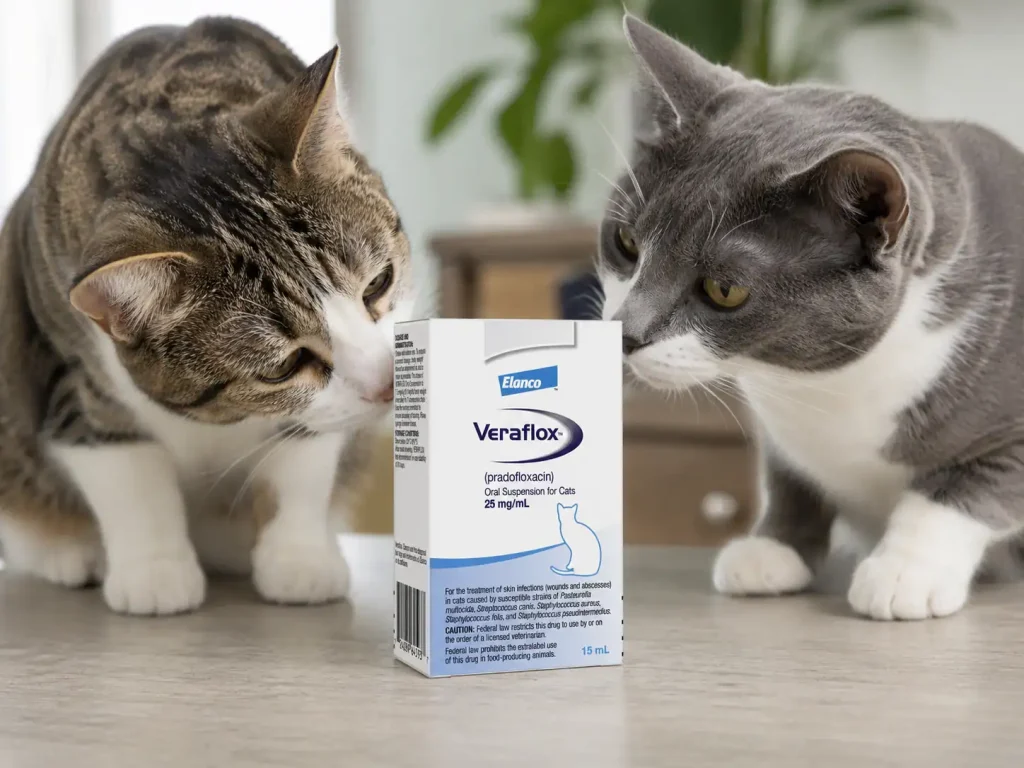 Zwei Katzen beschnuppern eine Packung Veraflox