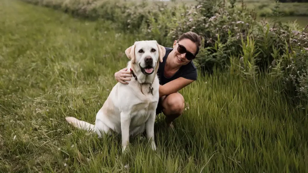 Frau mit Hund auf Wiese