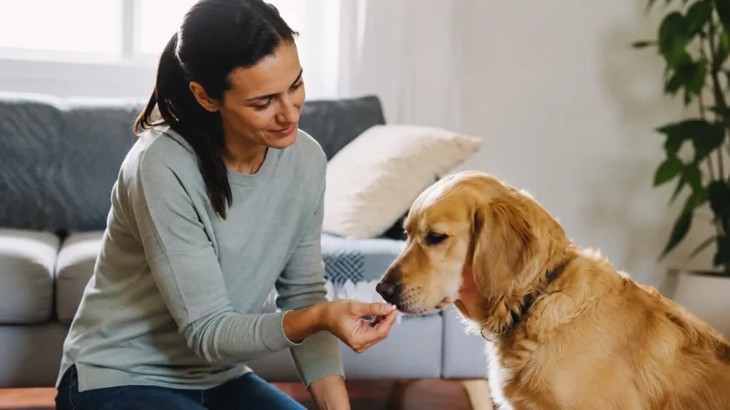 Frau gibt Hund Cetirizin