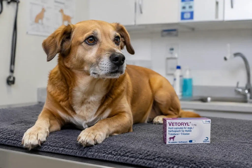 Hund liegt neben Vetoryl (Trilostan)