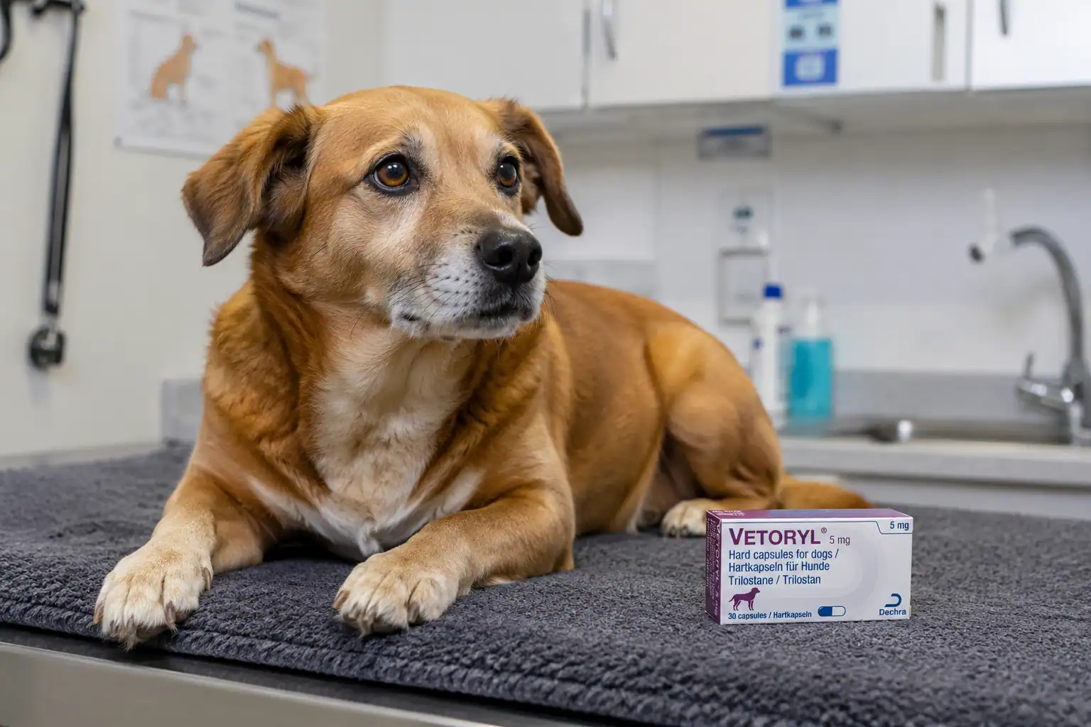 Hund liegt neben Vetoryl (Trilostan)