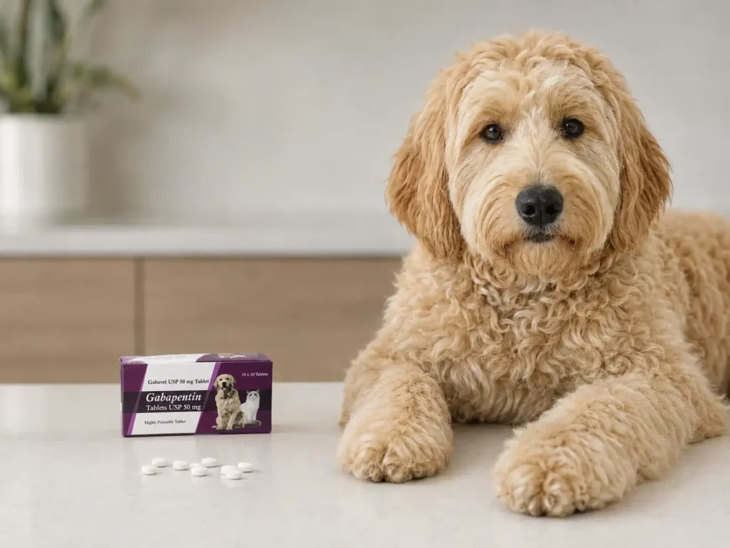Hund sitzt neben Gabapentin Packung mit Tabletten