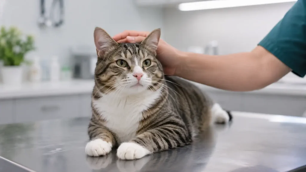 Katze beim Tierarzt wird gestreichelt