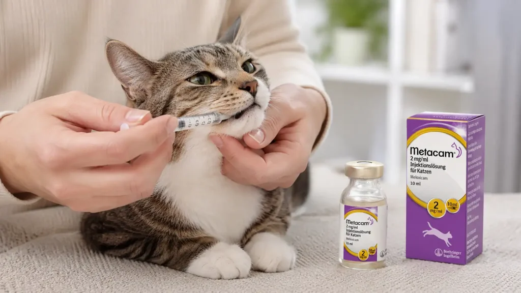 Katze bekommt Metacam Dosis über eine Dosierspritze