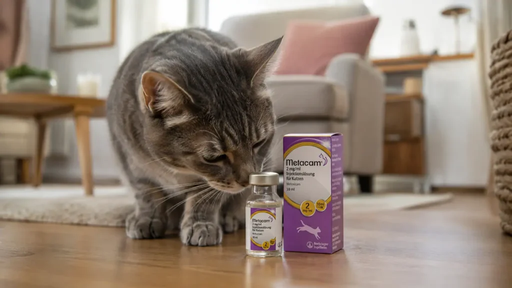Katze riecht an Metacam Fläschchen