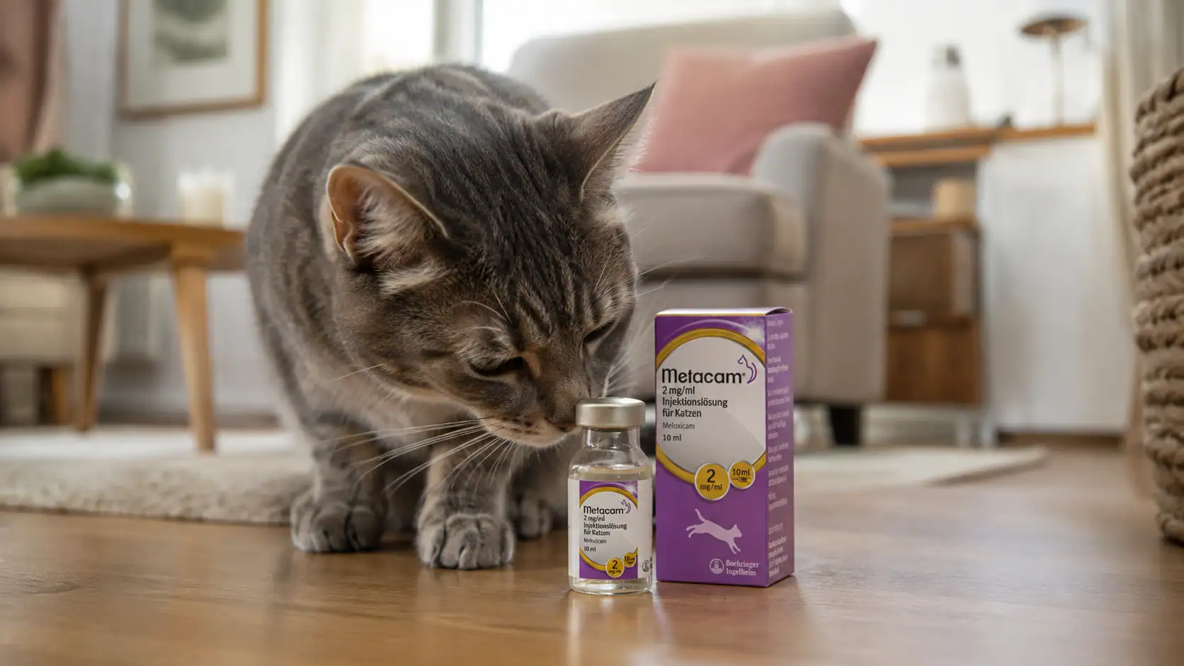 Katze riecht an Metacam Fläschchen