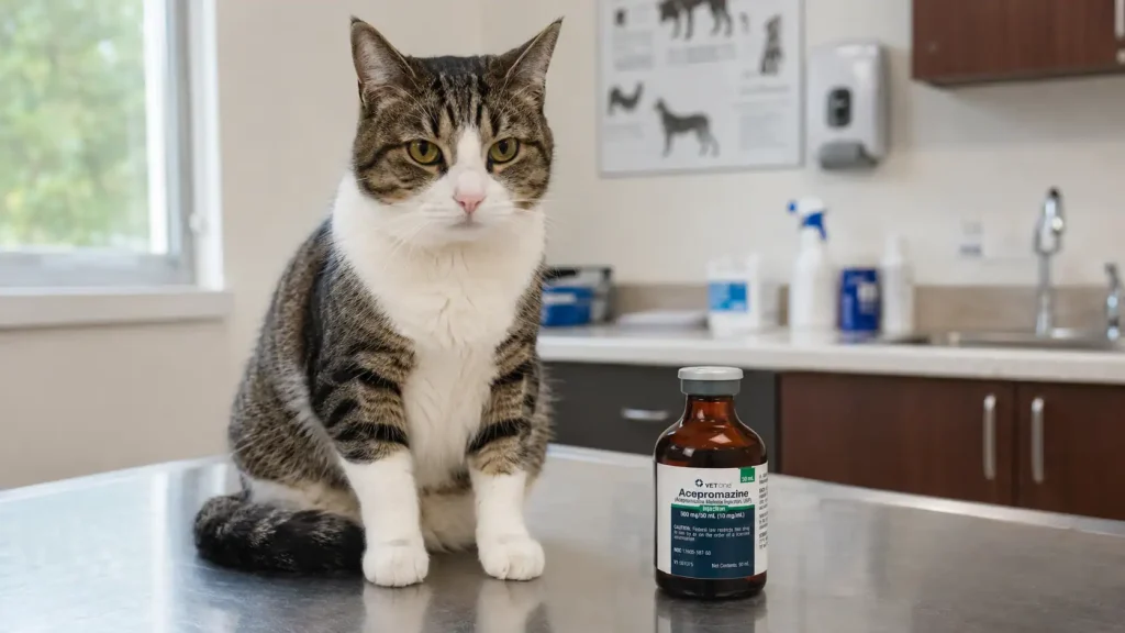 Katze sitzt neben Acepromazin Fläschchen beim Tierarzt