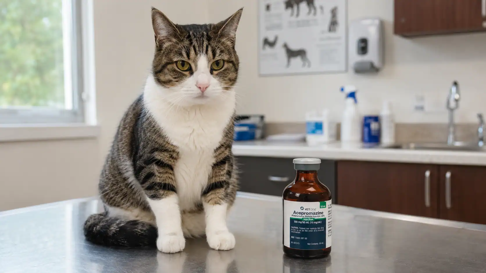 Katze sitzt neben Acepromazin Fläschchen beim Tierarzt