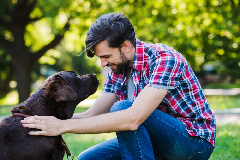 Mann streichelt Hund