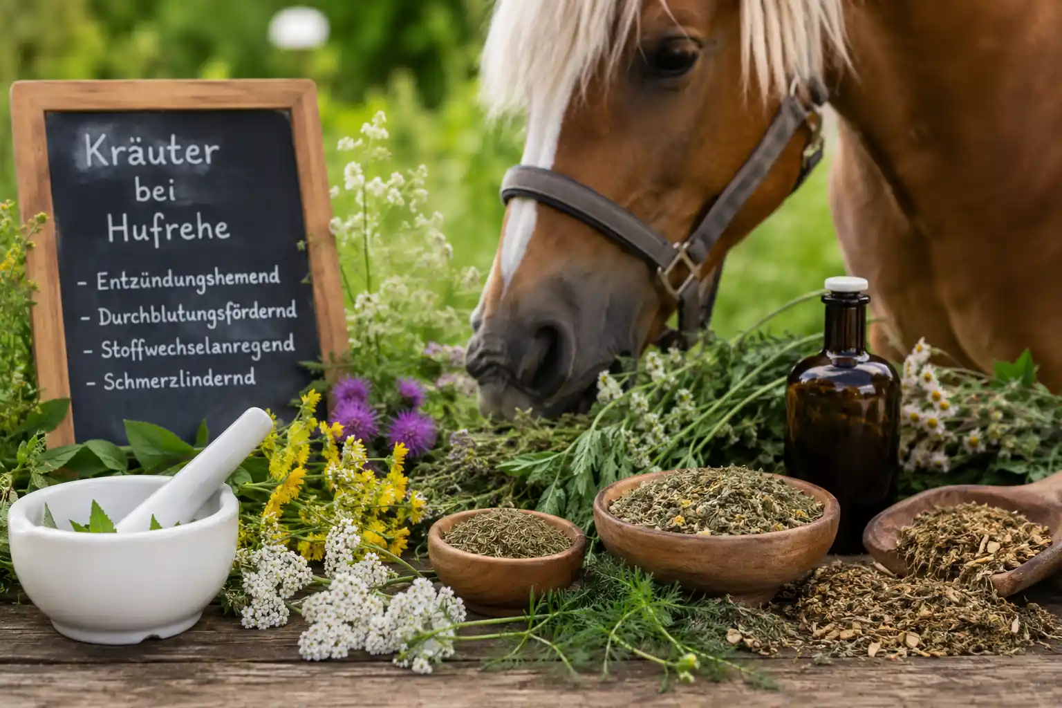 Pferd mit Hufrehe frisst Kräuter zum Entgiften
