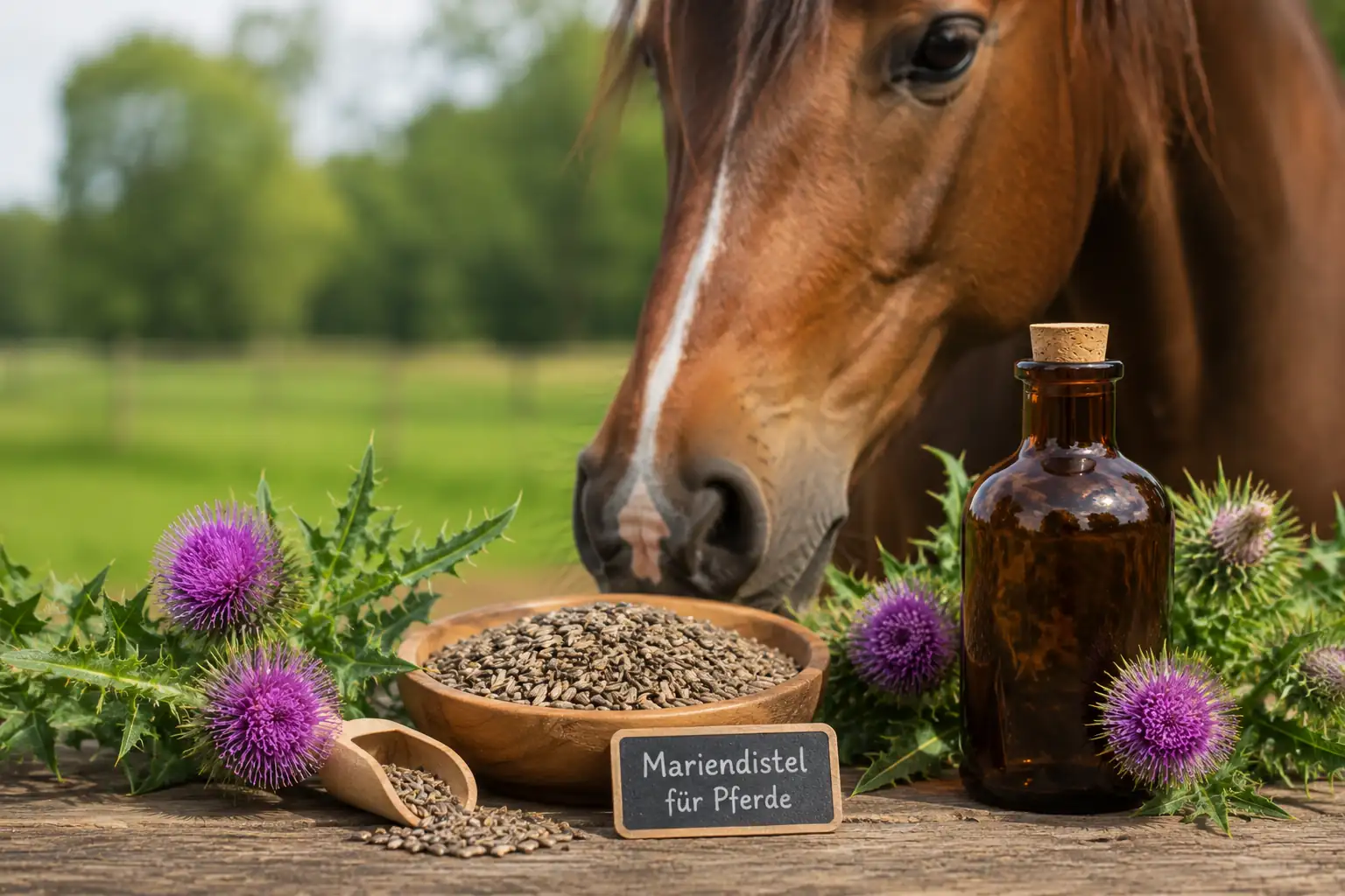 Pferd vor Mariendistelprodukten