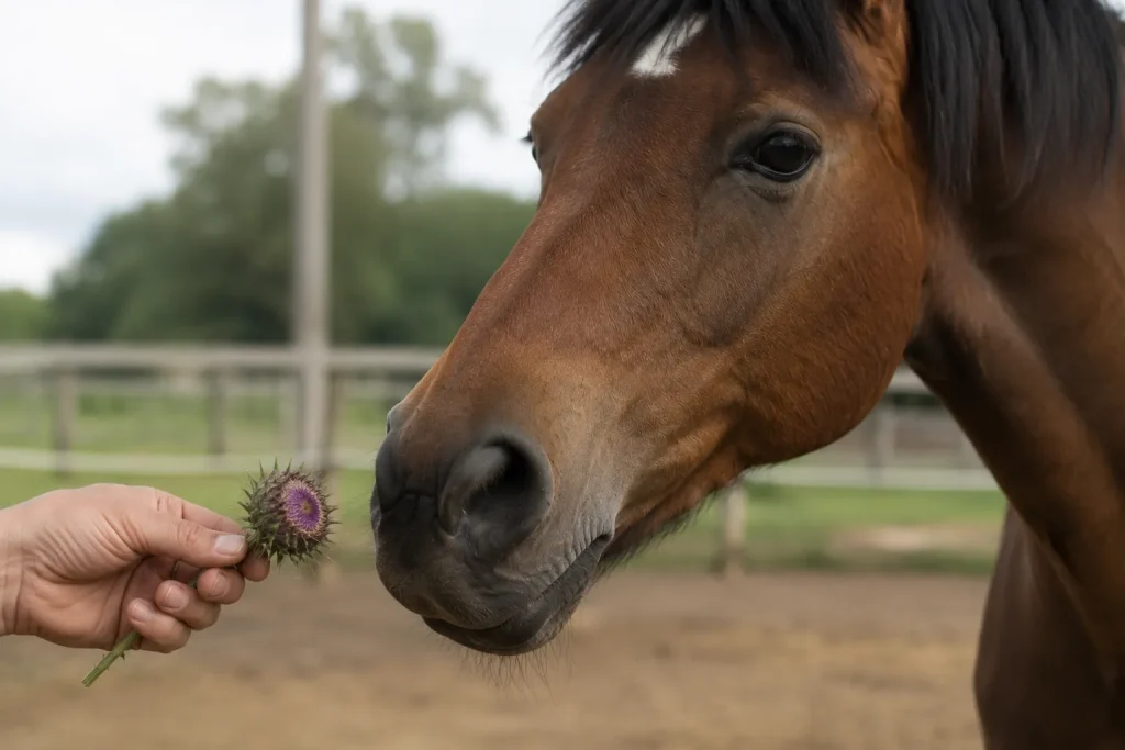 Hand streckt Pferd Mariendistel entgegen