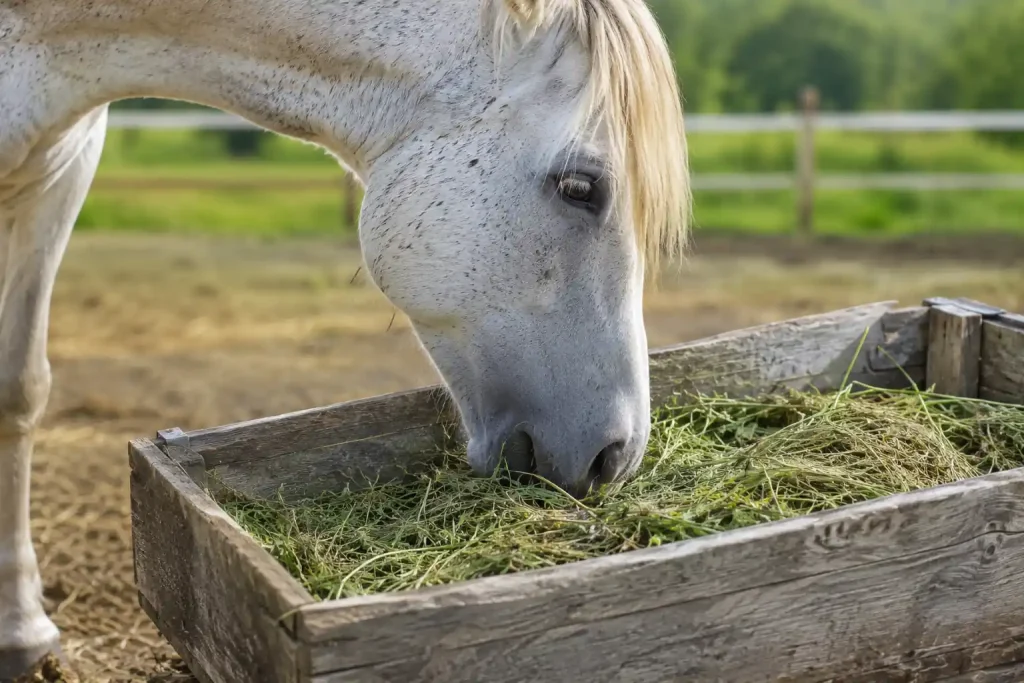 Weißes Pferd mit Hufrehe frisst Kräuter aus einem Trog