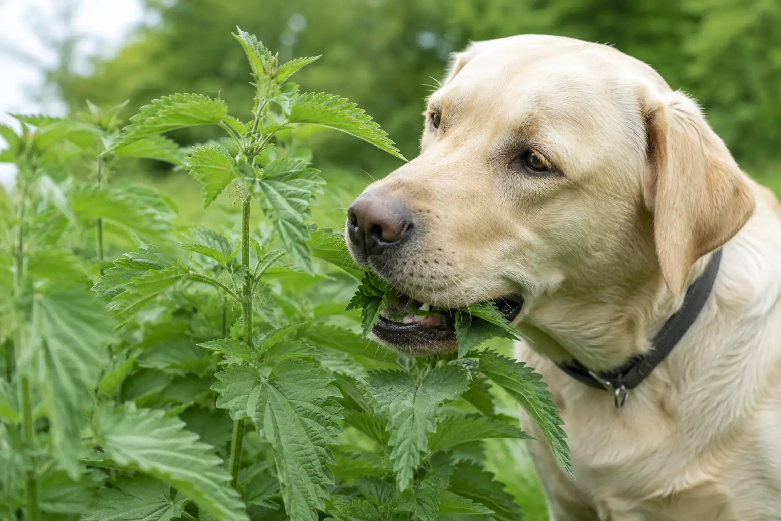 Hund frisst Brennessel