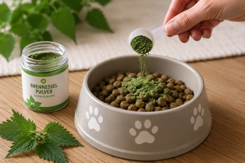 Hand gibt Brennesselpulver ins Hundefutter