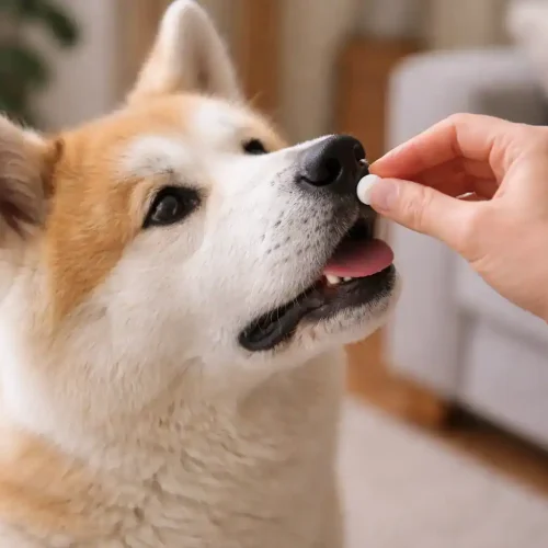 Akita Hund bekommt Pulsatilla D30 Globuli