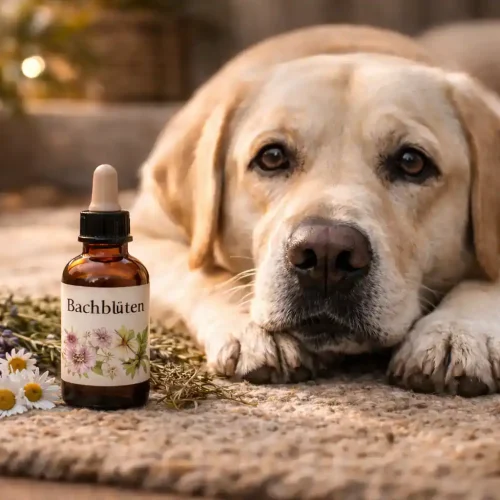 Ängstlicher Hund liegt vor einem Fläschchen Bachblüten