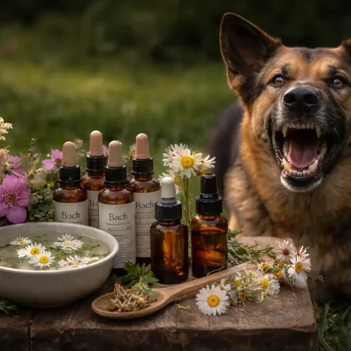 Aggressiver Hund hinter einem Tisch mit Bachblüten