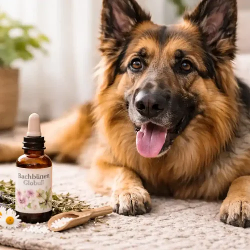 Schäferhund sitzt neben einem Fläschchen Bachblüten und Globuli