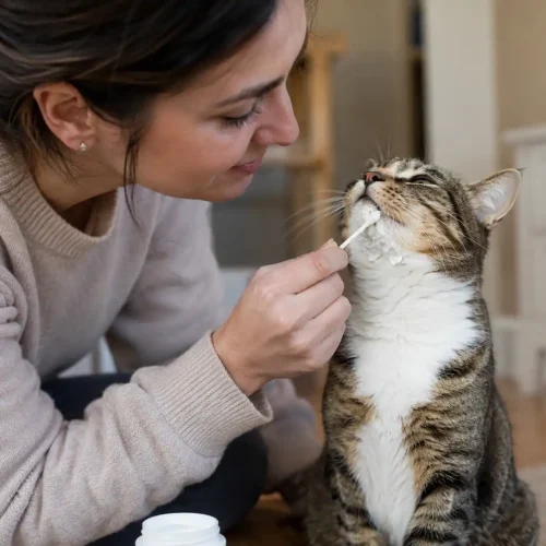 Frau schmiert die Kinnakne einer Katze mit einem Hausmittel ein