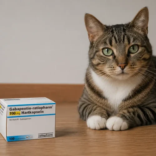 Katze sitzt neben einer Packung Gabapentin