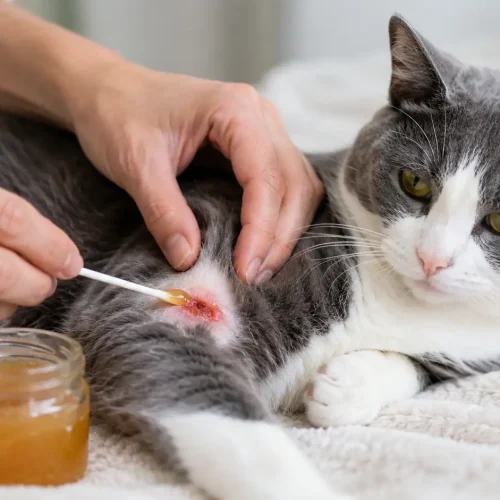 Frau schmiert Manukahonig als Hausmittel für die offene Wunde einer Katze