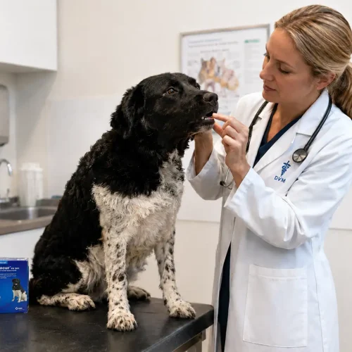 Hund bekommt Panacur von Tierärztin