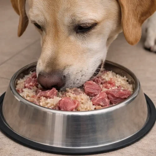 Hund frisst Sauerkraut aus Napf