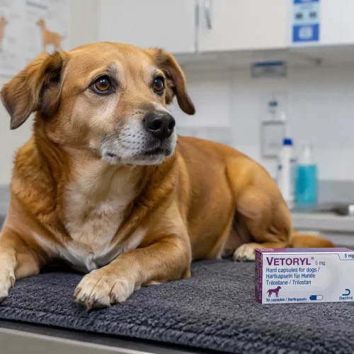 Hund liegt neben Vetoryl (Trilostan)