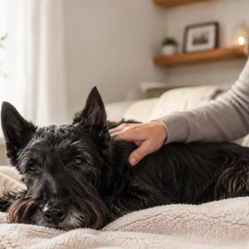 Hund mit Epilepsie wird gestreichelt vor dem Einschläfern