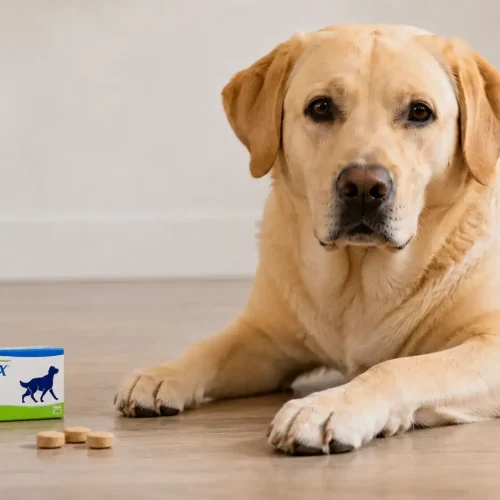 Hund sitzt neben Previcox Medikament