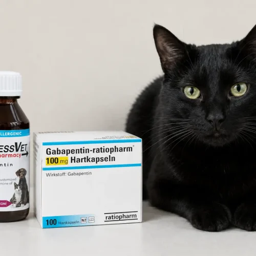 Katze sitzt neben Gabapentin Kapseln und Gabapentin Liquid Flasche