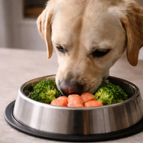 Hund mit Epilepsie frisst ketogenes Futter (Lachs und Brokkoli)