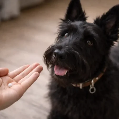 Mann gibt seinem Hund Rhus toxicodendron Globuli
