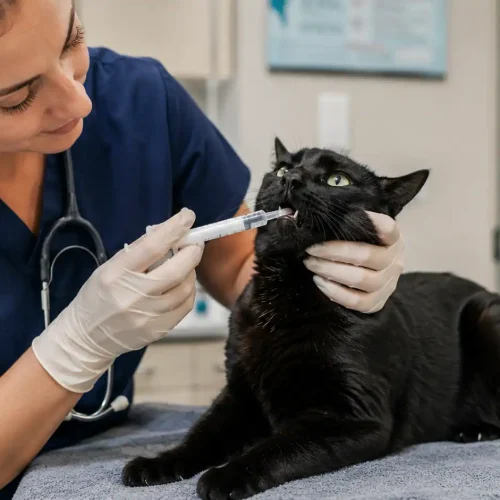 Schwarze Katze bekommt Bupresol oral